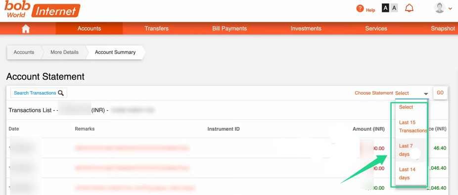 bob net banking account statement 
