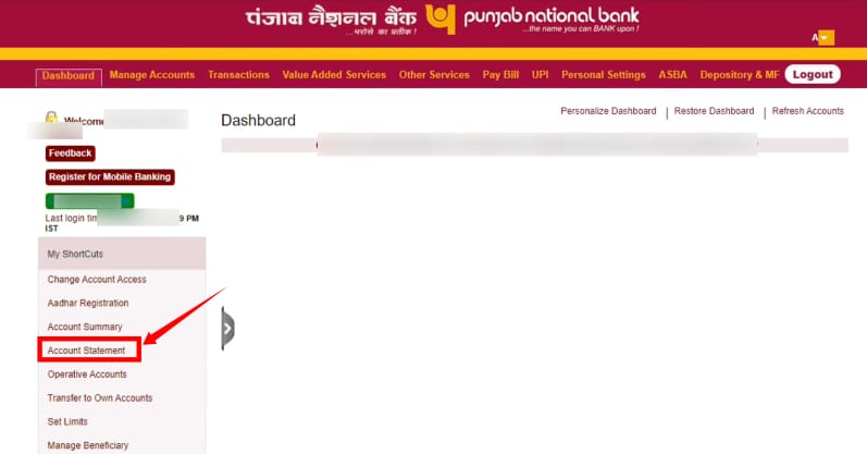 punjab national bank account statement online download