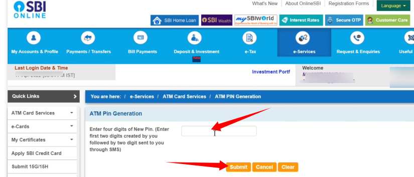 sbi debit card pin generation online