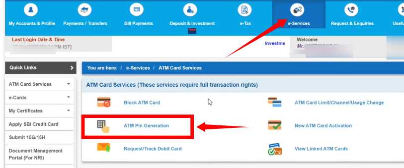 state bank of india atm card pin generation