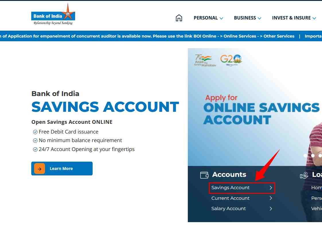 Bank of India Online Account Opening