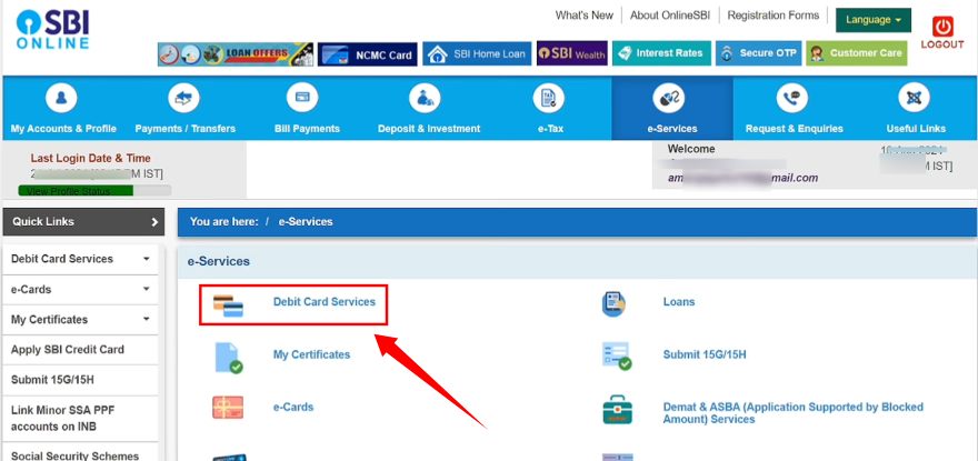 sbi debit card request