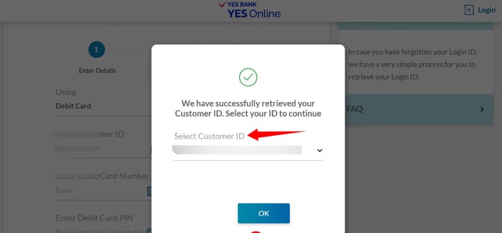 yes bank customer id forgot