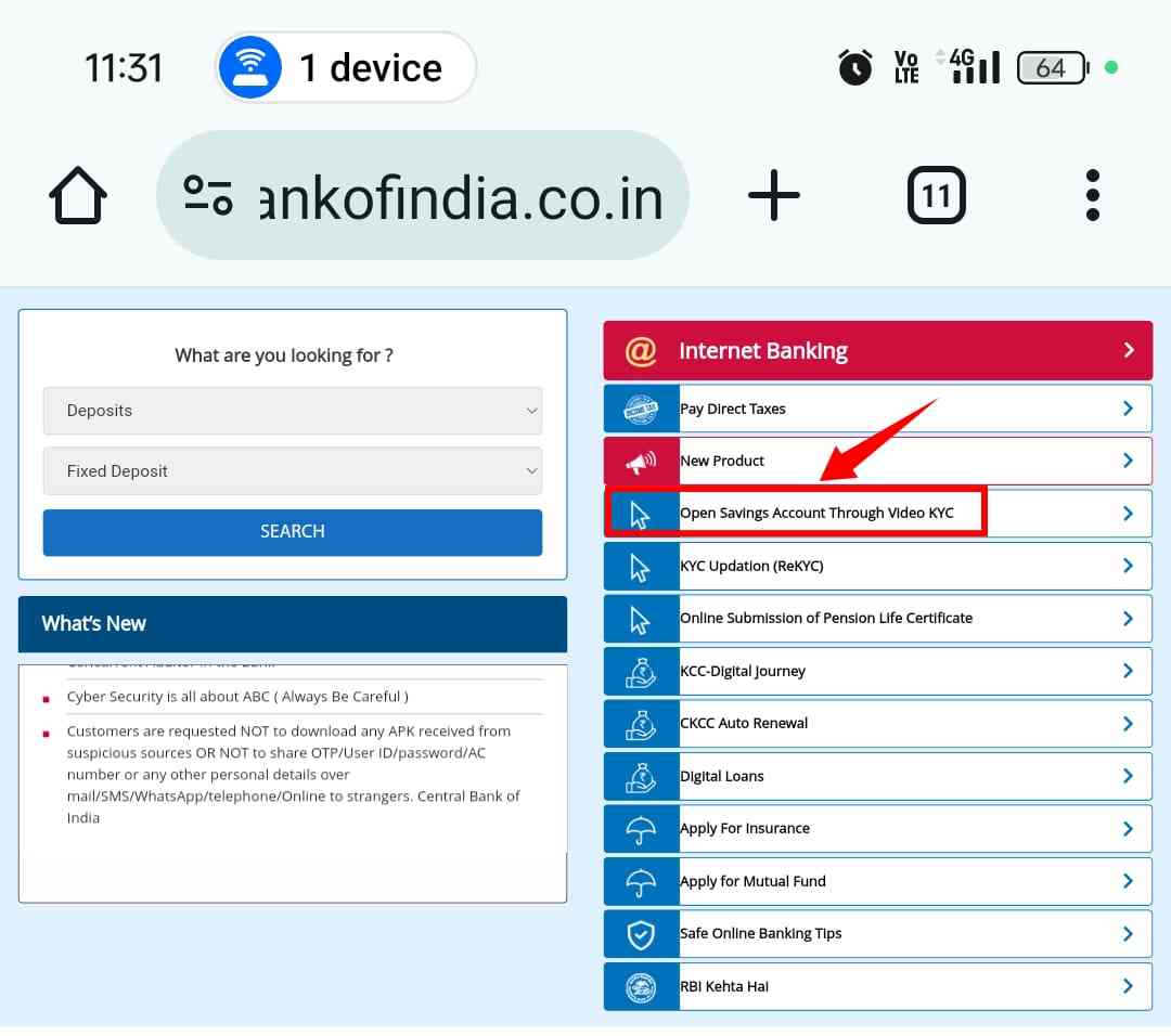 central bank account opening online