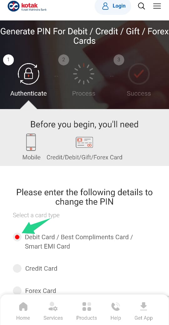 kotak bank debit card pin generate