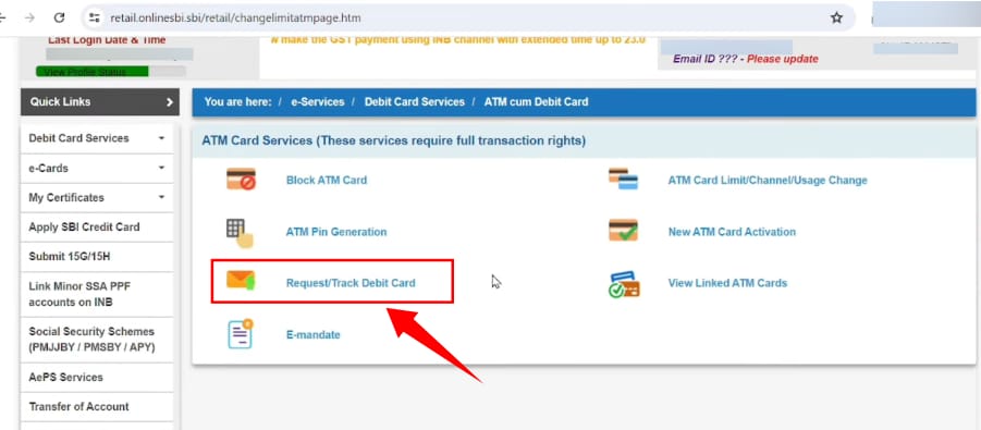 sbi debit card apply through sbi net banking