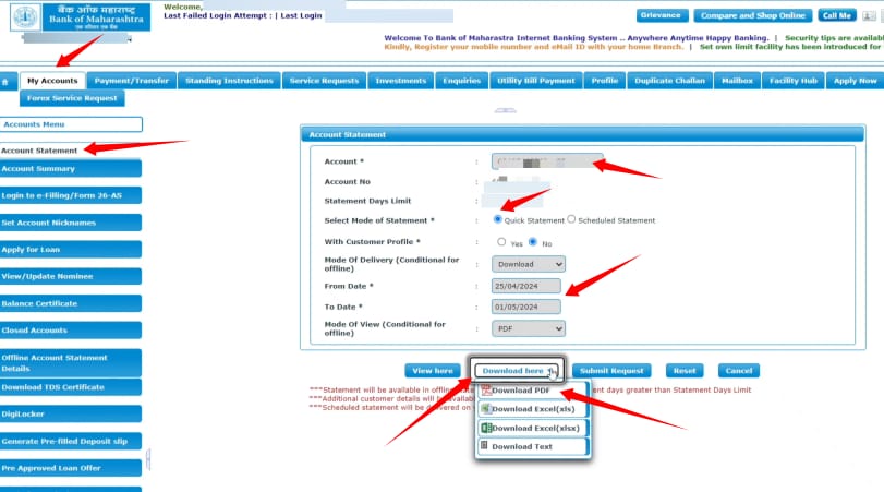 Internet banking se Bank of Maharashtra Account Statement Kaise Nikale