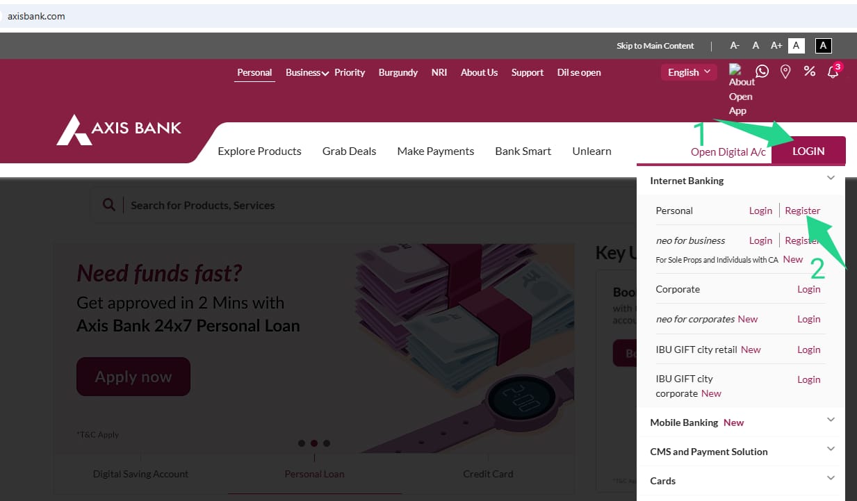 axis bank net banking registration kaise kare