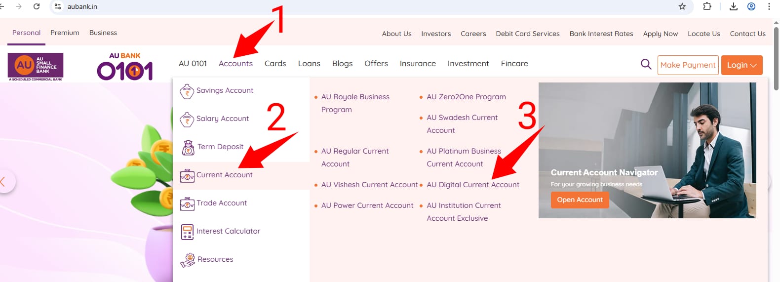 au bank zero balance current account open kaise kare