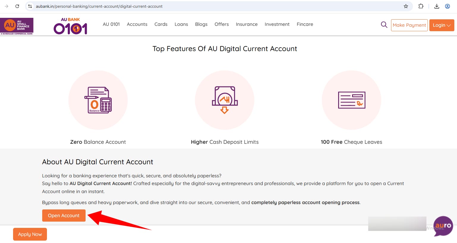 au small finance bank current account open
