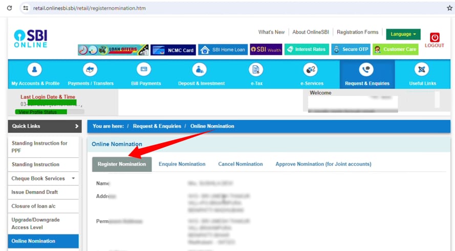 sbi account nominee add